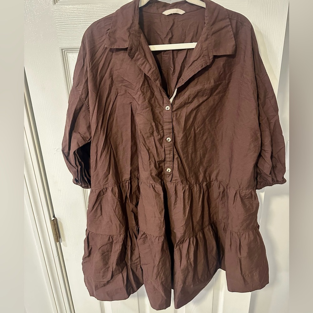 Free people Women's Ruffled Button-Front Tunic Dress in Deep Brown